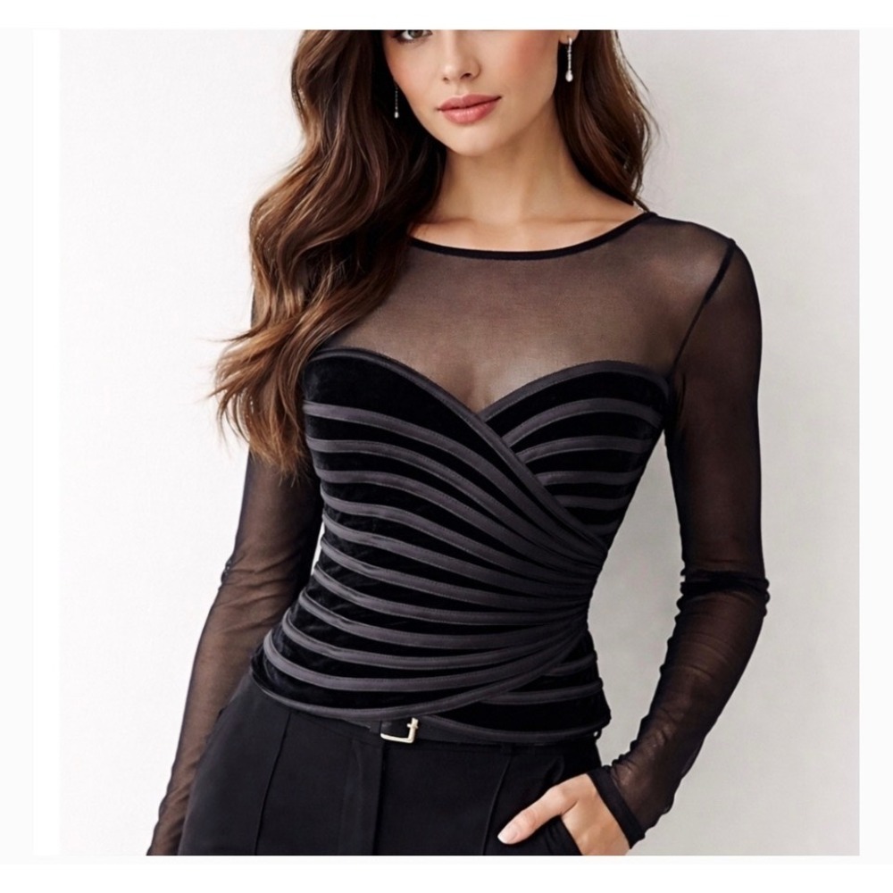 JS‎ Collections Mesh Bandage Top Sheer Sleeve Evening Womens 4 Black